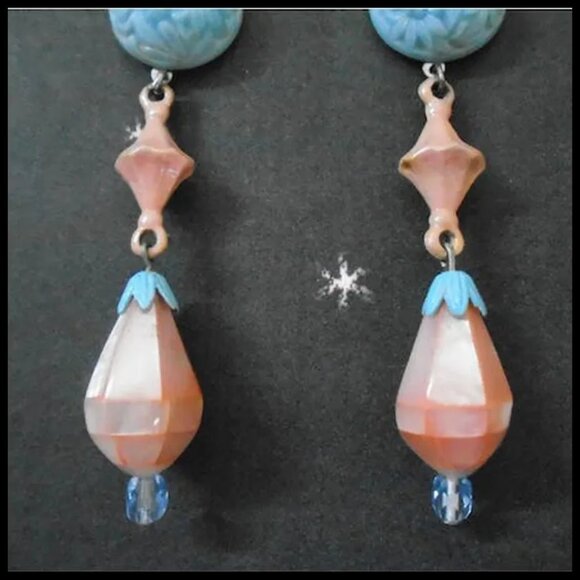 Pink & Blue Dangle Earrings Made with Vintage - One of a Kind - Picture 3 of 9